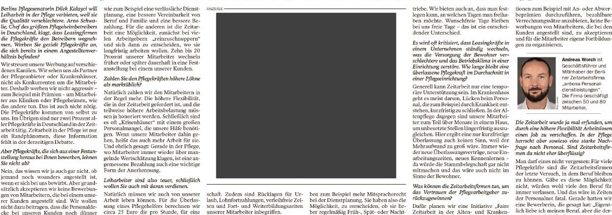 Tagesspiegel v. 14.11.2019 - Interview mit anbosa Zeitarbeit Pflege