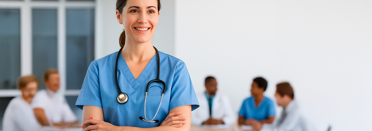 Eine Pflegefachkraft in blauen Scrubs lächelt selbstbewusst in einem modernen medizinischen Umfeld. Sie steht für die Chancen und die erweiterten Befugnisse, die das Pflegekompetenzgesetz für Pflegekräfte bietet.