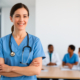 Eine Pflegefachkraft in blauen Scrubs lächelt selbstbewusst in einem modernen medizinischen Umfeld. Sie steht für die Chancen und die erweiterten Befugnisse, die das Pflegekompetenzgesetz für Pflegekräfte bietet.
