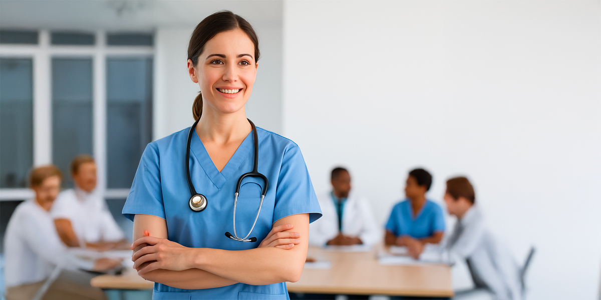 Eine Pflegefachkraft in blauen Scrubs lächelt selbstbewusst in einem modernen medizinischen Umfeld. Sie steht für die Chancen und die erweiterten Befugnisse, die das Pflegekompetenzgesetz für Pflegekräfte bietet.