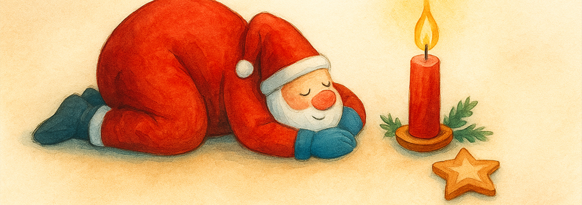Aquarellzeichnung eines liegenden Weihnachtsmanns mit ruhiger, warmer Adventsstimmung.