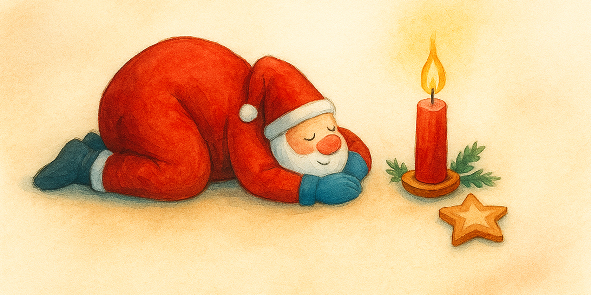 Aquarellzeichnung eines liegenden Weihnachtsmanns mit ruhiger, warmer Adventsstimmung.