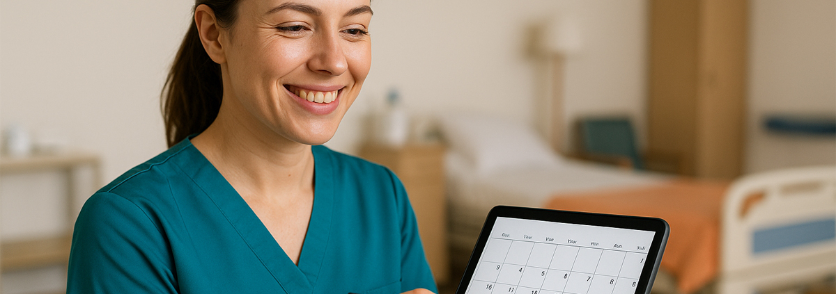 Pflegekraft lächelt und hakt freie Tage in einem digitalen Kalender ab – Symbolbild für flexible Arbeitsmodelle in der Pflege bei anbosa.