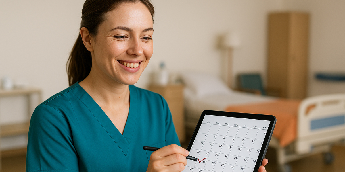 Flexible Arbeitsmodelle in der Pflege – Pflegekraft mit Kalender Pflegekraft lächelt und hakt freie Tage in einem digitalen Kalender ab – Symbolbild für flexible Arbeitsmodelle in der Pflege bei anbosa.