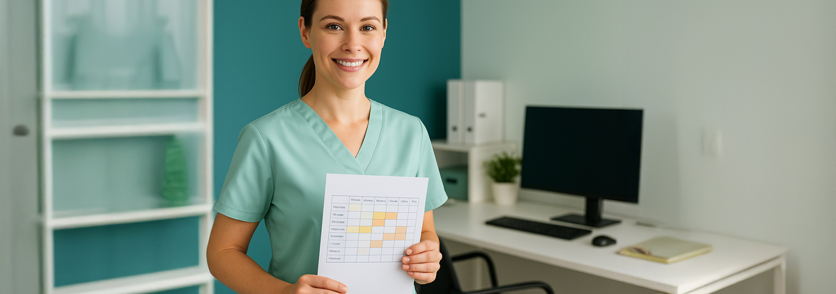 Pflegekraft hält einen Dienstplan im Dienstzimmer einer stationären Einrichtung – Symbol für flexibles Pflegepersonal bei anbosa Personaldienstleistungen GmbH