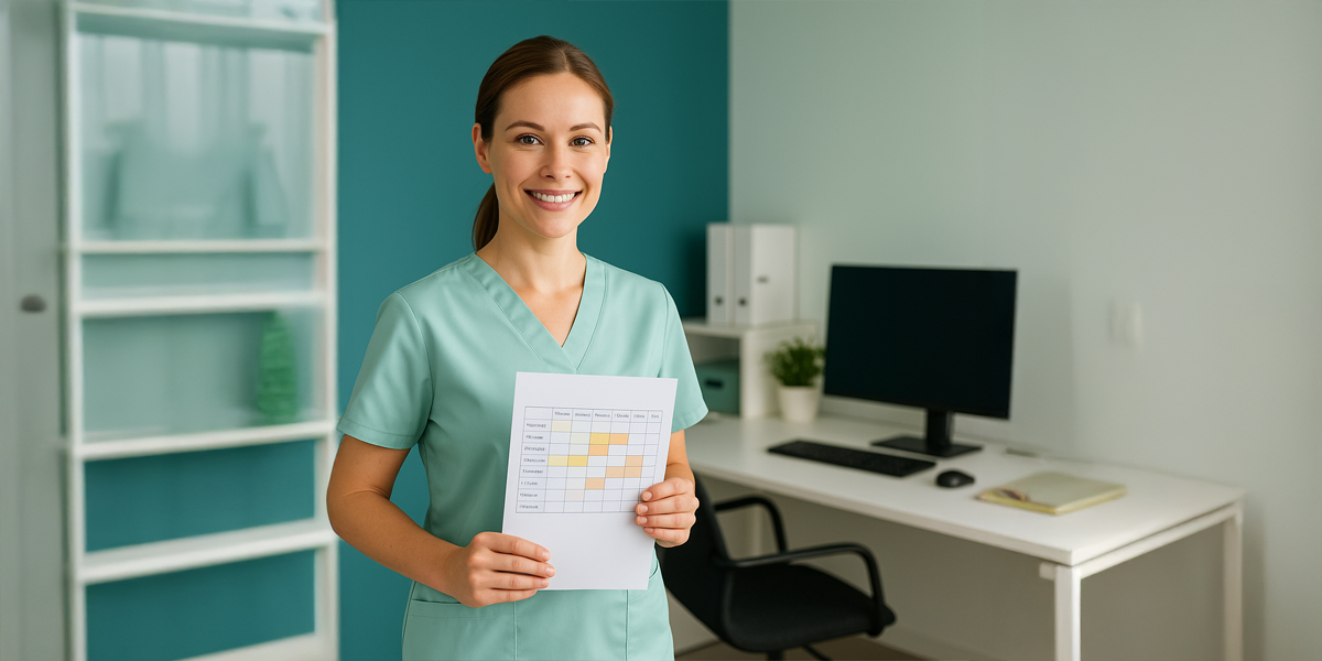 Pflegekraft hält einen Dienstplan im Dienstzimmer einer stationären Einrichtung – Symbol für flexibles Pflegepersonal bei anbosa Personaldienstleistungen GmbH