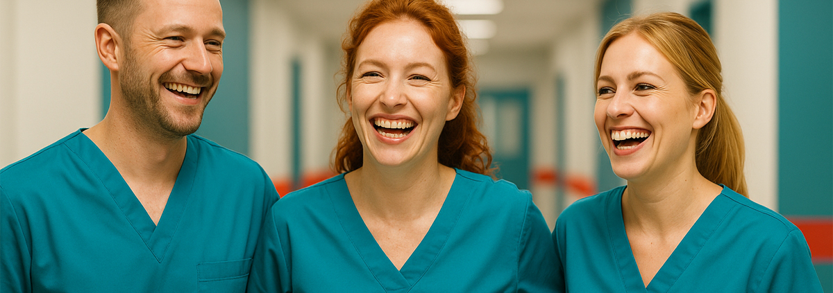 Lachende Pflegekräfte in türkisen Scrubs als Symbol für die Tariflohnerhöhung Zeitarbeit 2026 und den höchsten Erfahrungszuschlag bei anbosa.