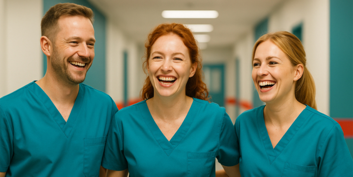 Tariflohnerhöhung Zeitarbeit 2026 – Pflegekräfte bei anbosa Lachende Pflegekräfte in türkisen Scrubs als Symbol für die Tariflohnerhöhung Zeitarbeit 2026 und den höchsten Erfahrungszuschlag bei anbosa.