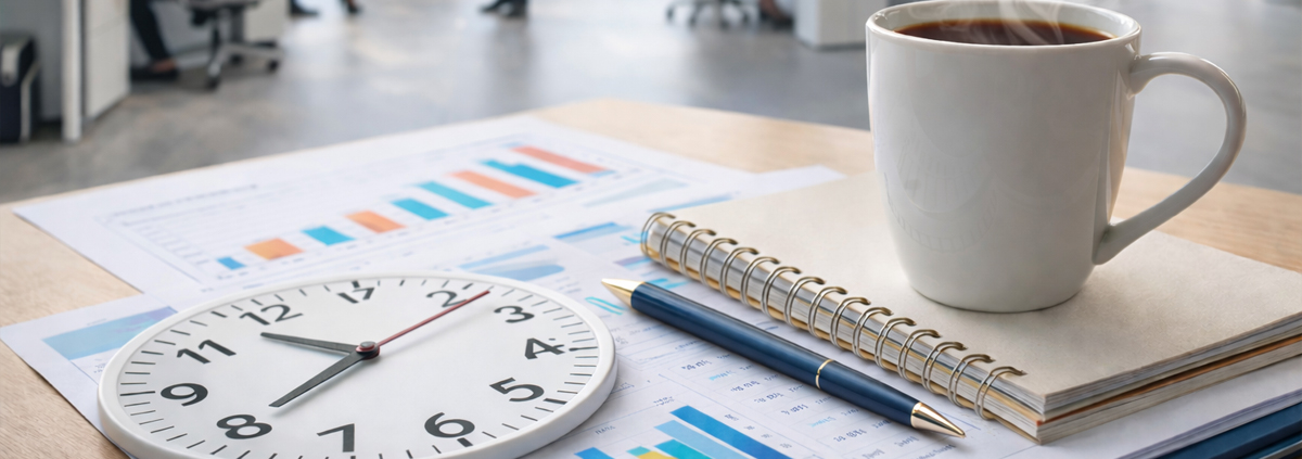 Kosten- und Zeitersparnis in der Pflege: Uhr, Kaffee und Unterlagen in einem modernen Büro