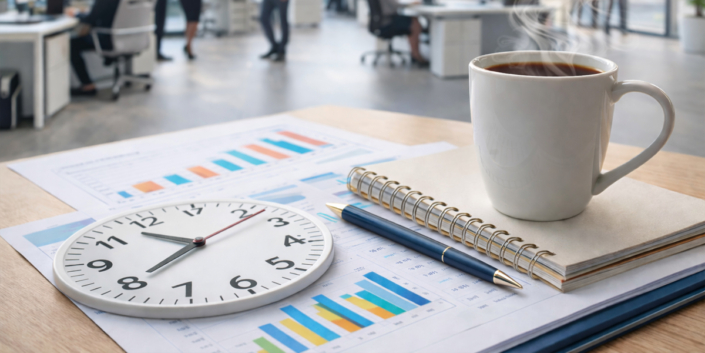 Kosten- und Zeitersparnis in der Pflege durch effiziente Büroorganisation Kosten- und Zeitersparnis in der Pflege: Uhr, Kaffee und Unterlagen in einem modernen Büro