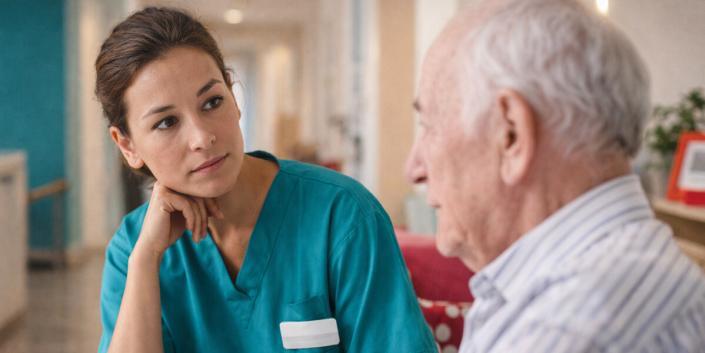 Suchtkranke in der Altenpflege – Früherkennung im Pflegealltag Pflegekraft beobachtet aufmerksam einen älteren Bewohner zur Früherkennung von Suchtkranken in der Altenpflege